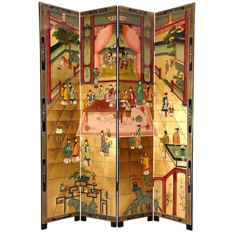 Oriental Furniture 7 Ft Gold 4 Panel Red Chamber Room Divider Lcq Scr