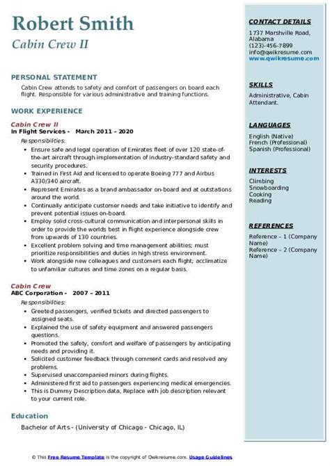 Cabin Crew Resume Samples Qwikresume