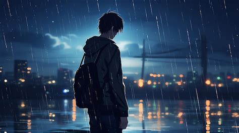 Premium Ai Image A Person In The Rain Melancholic Anime Boy Standing