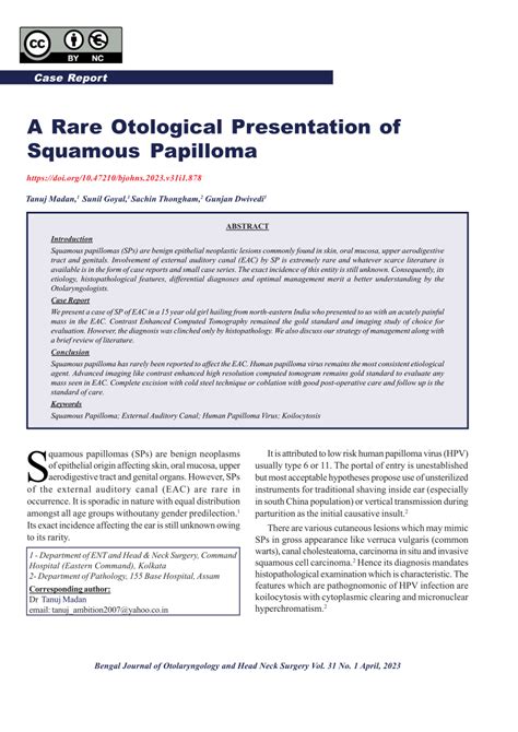 PDF A Rare Otological Presentation Of Squamous Papilloma