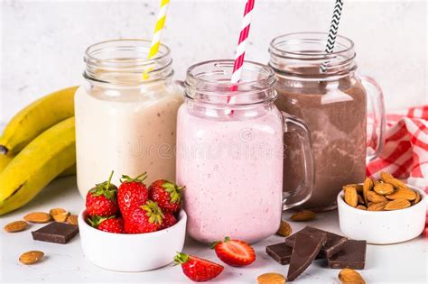 Banana Chocolate And Strawberry Milkshakes Stock Image Image Of