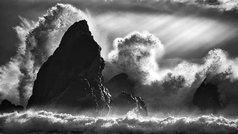 Black And White Picture Of Big Waves And Rocks HD Nature Wallpapers