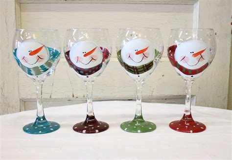 Snowman Wine Glasses Set Of 4 Etsy