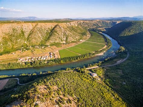 Aerial View Of Hills And Vineyards Next To Neretva River In Bosnia And