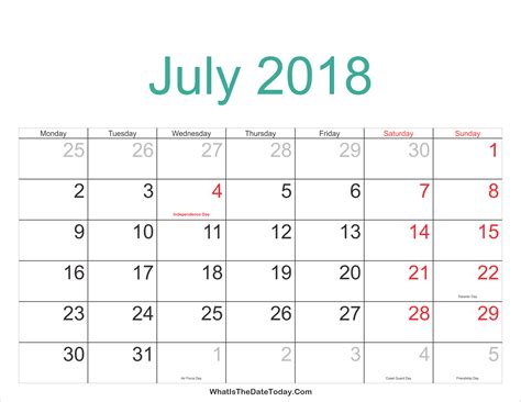 July 2018 Calendar Printable With Holidays Whatisthedatetodaycom