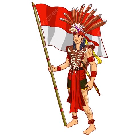 Dayak Man Holding Red And White Indonesian Flag Indonesian People