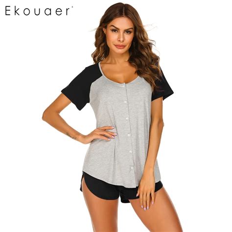 Ekouaer Women Summer Pajamas Set Casual Sleepwear O Neck Short Sleeve Tops Shorts Pant Loose