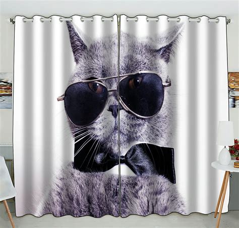 Phfzk Funny Cat Window Curtain Portrait Of British Shorthair Gray Cat