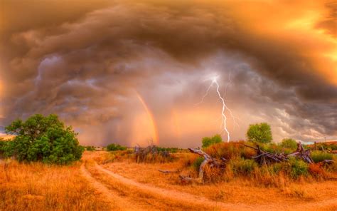Lightning And Rainbow Over Field Hd Wallpaper Background