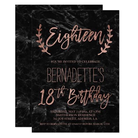 Rose Gold Feathers Black Marble 18th Birthday Invitation