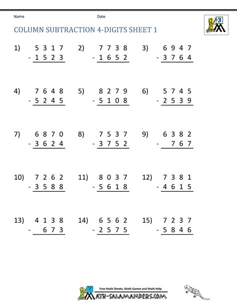 Solve for the variable with addition and subtraction. 4 Digit Subtraction Worksheets