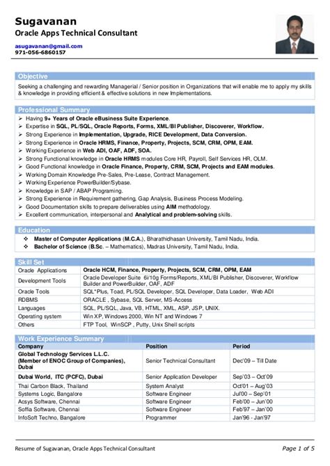 Oracle professional with 15 years of experience in it and 12 years of functional experience in value chain planning (ascp, io and demantra forecasting), manufacturing, distribution and supply chain modules. Resume of Sugavanan - Oracle Apps Technical Consultant