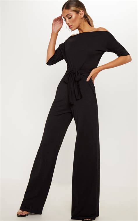 Black Off Shoulder Tie Waist Jumpsuit Prettylittlething Usa