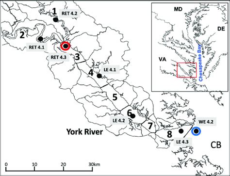 Map Of The York River Estuary Yre And The Chesapeake Bay Numbered