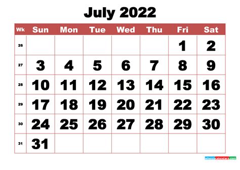July 22 Printable Calendar