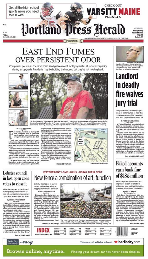 Todays Portland Press Herald Front Page Friday September 9 2016