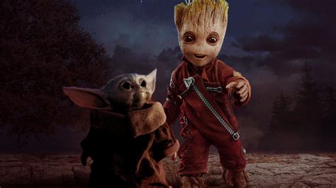 1366x768 Groot And Baby Yoda 1366x768 Resolution Wallpaper Hd