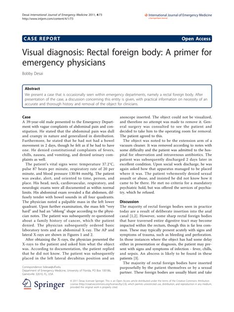 Pdf Visual Diagnosis Rectal Foreign Body A Primer For Emergency Physicians