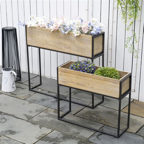 Lot de 2 jardinières sur pieds en bois et métal style naturel métal