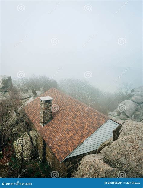 Hiking Shelter In Fog On Top Of Sharp Top Mountain On The Blue Ridge