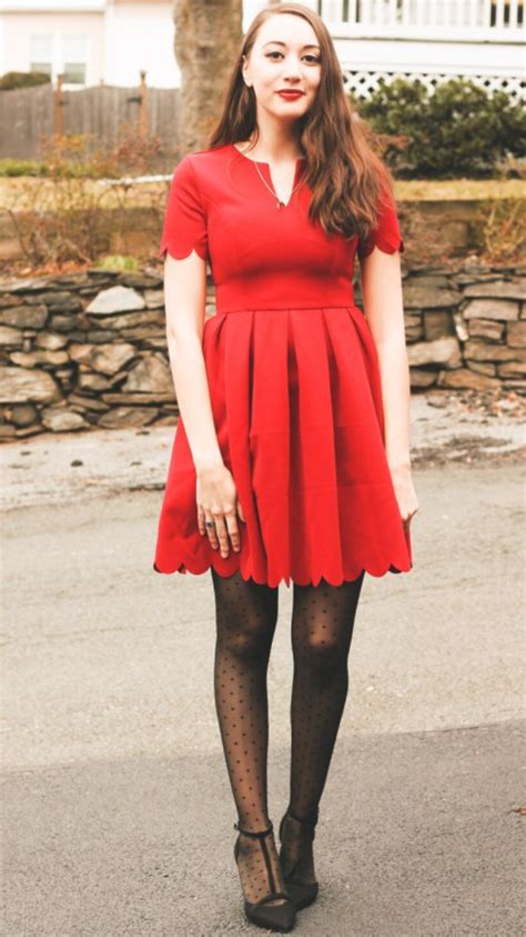 A Valentine’s Day Outfit Red Dress And Polka Dot Tights Fashion Tights