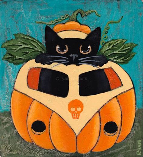 Cat In A Jack O Lantern Original Halloween Folk Art Painting By