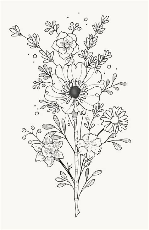 Bouquet Wildflower Drawing Flower Drawing Line Art Drawings
