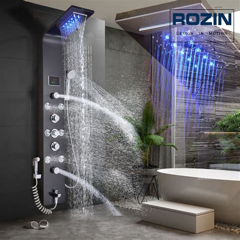 Led Light Shower Faucet Waterfall Rain Black Shower Panel In Wall