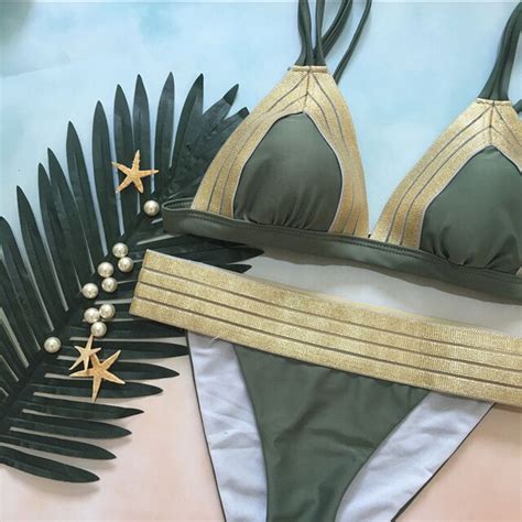 2018 Gold Patchwork Bikini Set Triangle Retro Biquini Women Sexy Push
