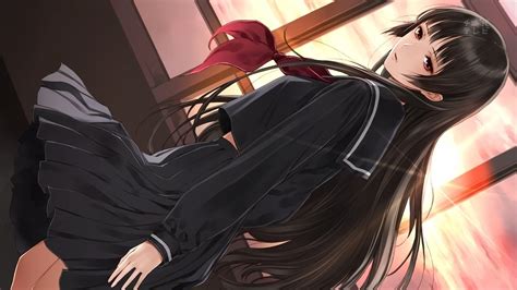 Clouds Sun School Uniforms Skirts Long Hair Red Eyes Anime Girls Black