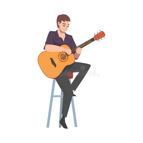 Young Man Sitting On High Chair Playing Acoustic Guitar Musician