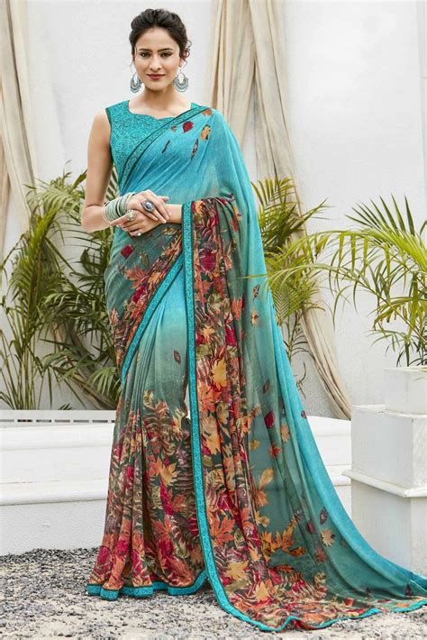laxmipati georgette printed saree in sky blue colour in 2021 silk saree blouse designs