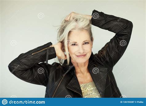 Stunning Beautiful And Self Confident Best Aged Woman With Grey Hair Smiling Into Camera Stock