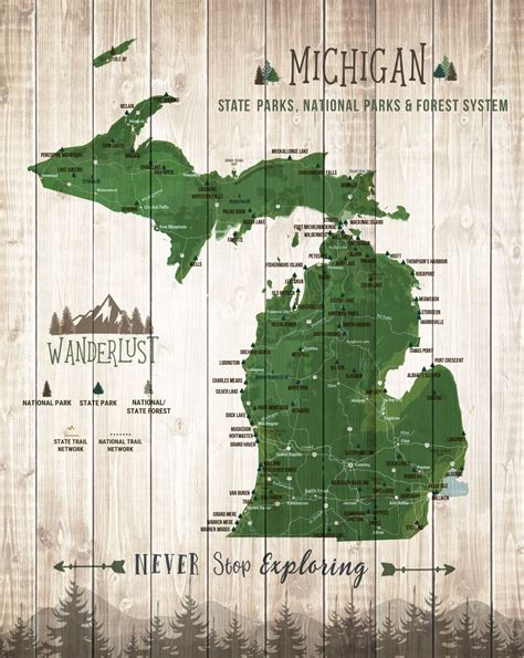 Michigan State, Michigan Gifts, State parks Map, Michigan Wall Art, Push Pin Board, Michigan Map 