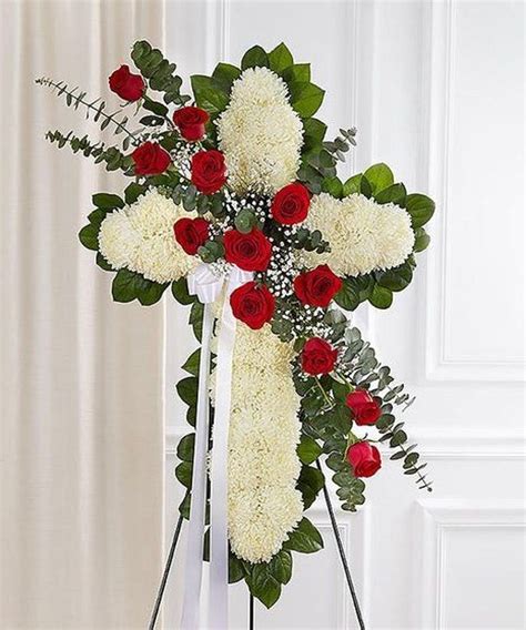 Sympathy Floral Cross With Red Roses White Floral Cross With Spray Of 12 Red Roses Funeral