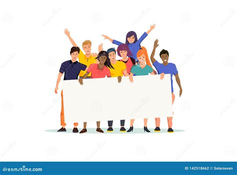 Happy And Excited Group Of People Holding A Blank Sign Stock Vector