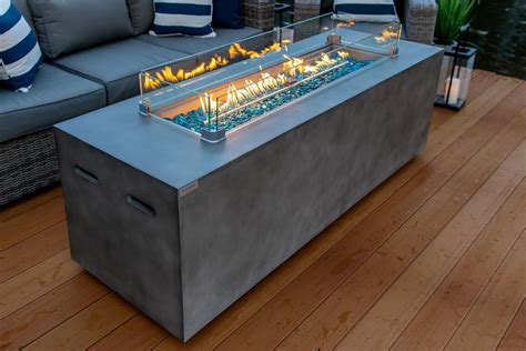 70 Linear Rectangular Modern Concrete Fire Pit Table W Glass Guard And Crystals