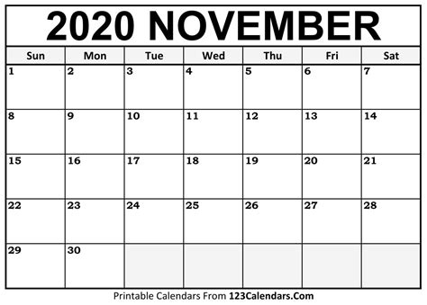 November 2020 Printable Calendar