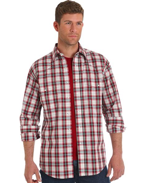 Wrangler Mens Red Plaid Wrinkle Resistant Long Sleeve Western Shirt