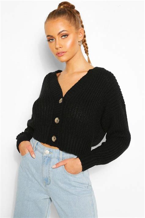 Womens Chunky Knit Cropped Cardigan Black Xs In 2022 Cropped