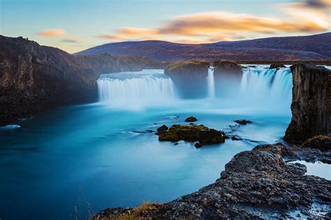 Godafoss Waterfall Long Exposure Iceland Stock Photo Download Image