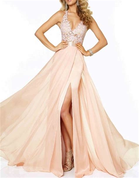 Glamorous Blush Pink Prom Dress Chiffon Appliques Evening Dress Sexy Deep V Neck Prom Dress