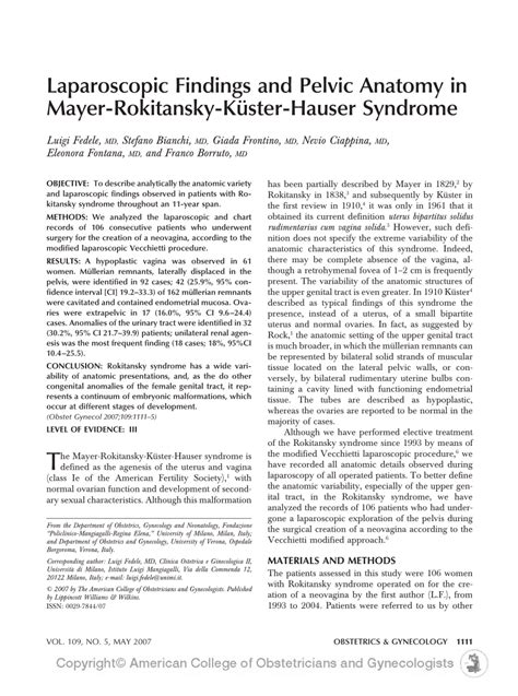 Pdf Laparoscopic Findings And Pelvic Anatomy In Mayer Rokitansky Küster Hauser Syndrome