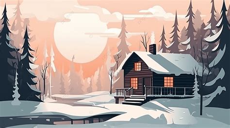 Winter Forest Hut Sunset Background Winter Forest Lodge Sunset