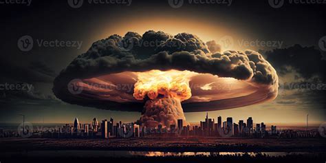 Big Nuclear Explosion Mushroom Cloud Effect Over City Skyline For