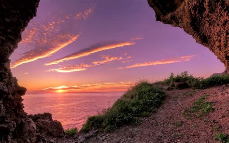 Download Coast Horizon Sunset Sea Ocean Beach Nature Cave HD Wallpaper