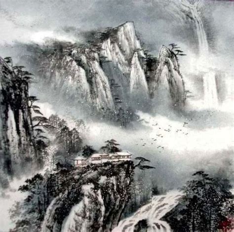 Oriental Chinese Brush Painting Landscape Art Yellow Mountain Winter