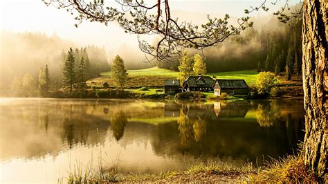 Country House Lake Morning Quiet Beautiful Scenery