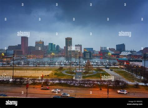 View On Baltimore Skyline And Inner Harbor From Federal Hill At Dusk