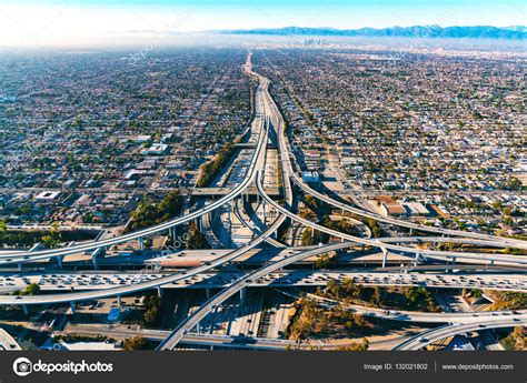 Aerial View Of A Freeway Intersection In Los Angeles